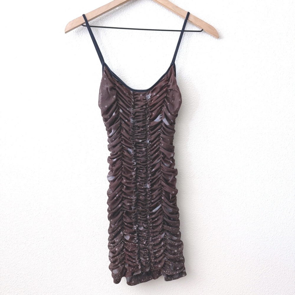 URBAN OUTFITTERS Womens Celestial Ruched Mesh Mini Dress Size S Whimsigoth Brown